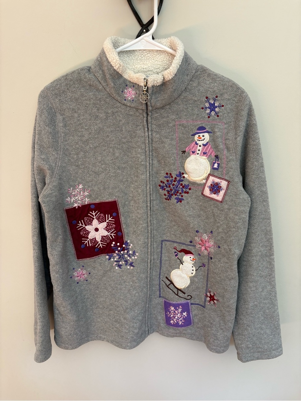 Late 90s Y2K Fleece Jacket Grandmacore Embroidered Snowman Croft & Barrow Gray M - Picture 2 of 9
